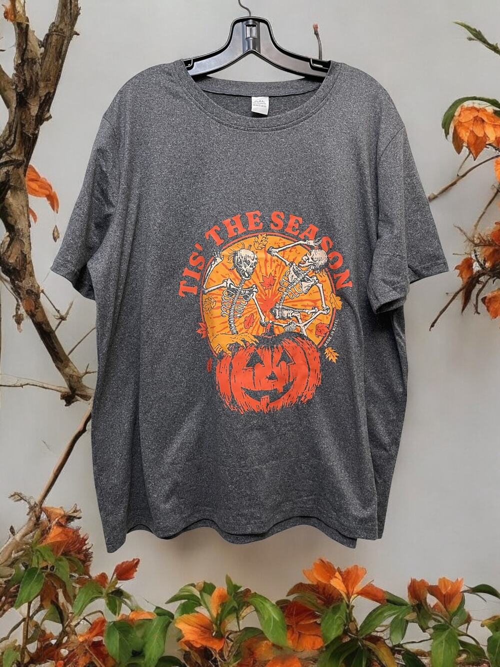 Halloween Gray T-shirt Pumpkin Sz XXL Unisex Holiday Skeletons "Tis the Season"